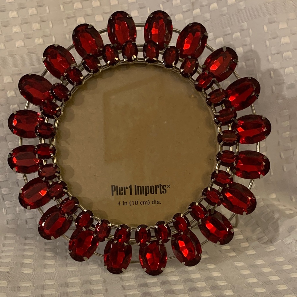 Pier 1 Red jewel embellished round picture frame. 4 inch or 10 cm diameter.